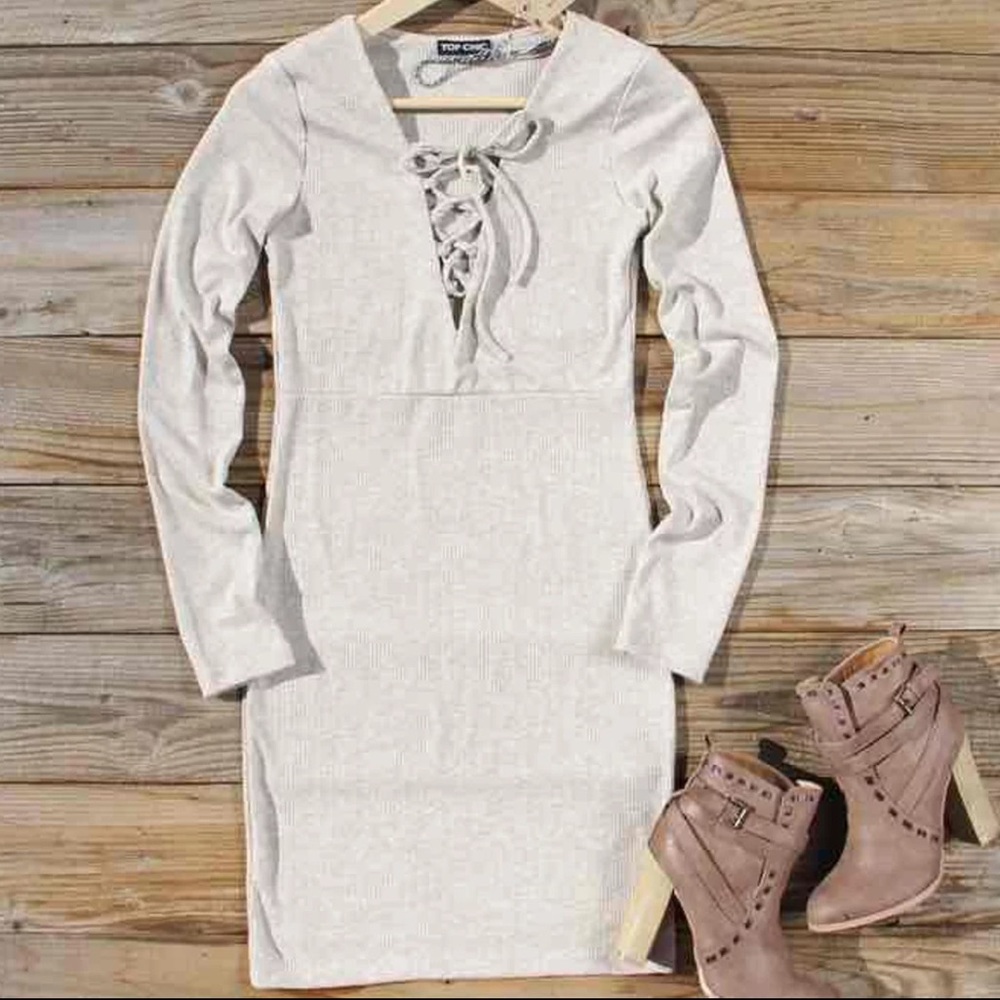 Long Sleeve Lace Up Ribbed Dress -Small